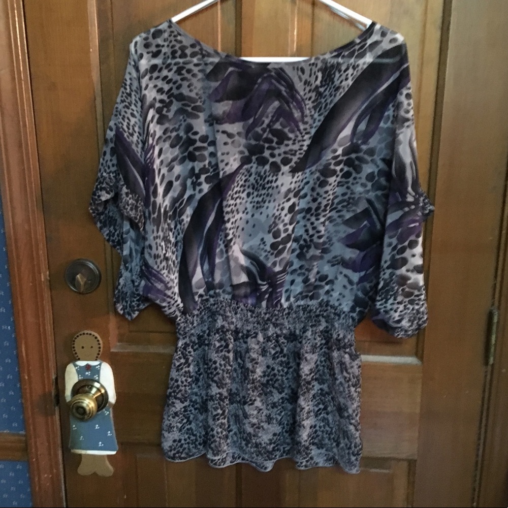 EUC. Purple/Grey Striped Leopard Sheer Boho Top